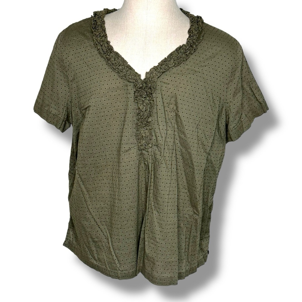 Talbots Olive Green Clip Dot Short Sleeve Ruffle V-neck Blouse Top Women's 22W
